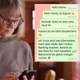 Frau tippt auf einem Smartphone und im Bild wird der Chatverlauf des Enkeltricks gezeigt