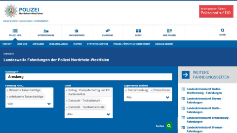 Filter- und Suchoptionen im Fahndungsportal