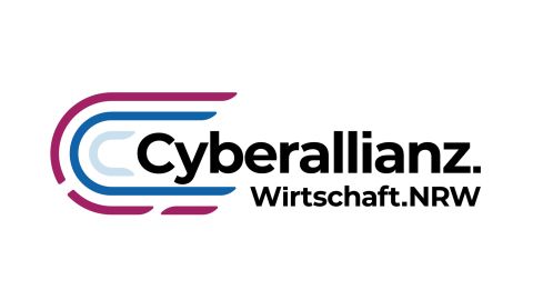 Schriftzug mit den Worten Cyberallianz, Wirtschaft und NRW sowie Linien, die für Leitungen stehen sollen.