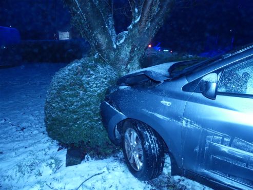 Die Fahrt mit Sommerreifen endete an einem Baum. 